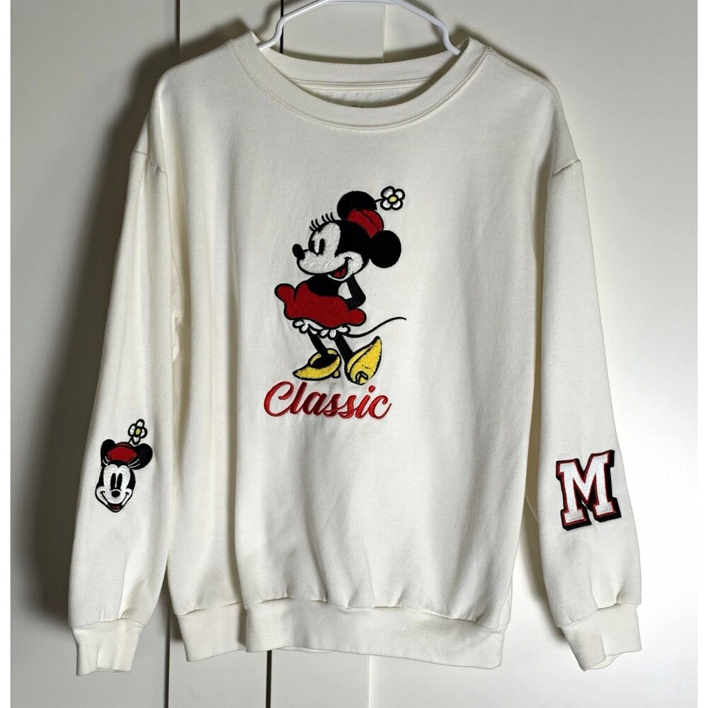 Disney Minnie Mouse White Fleece Pullover Sweatshirt Embroidered Logo M